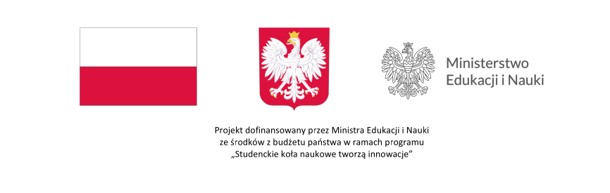 Flaga Polski, Godło Polski, Logo Ministerstwa Edukacji i Nauki, napis: Projekt dofinansowany przez Ministra Edukacji i Nauki ze środków z budżetu państwa w ramach programu Studenckie koła naukowe tworzą innowacje